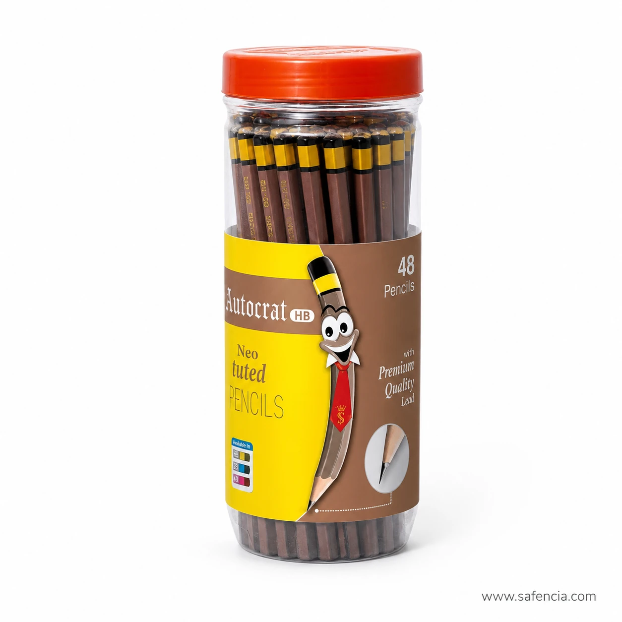 Goldfish Autocrat pencil jar photographed close so the 48 Pencils label and the premium quality lead wording are readable