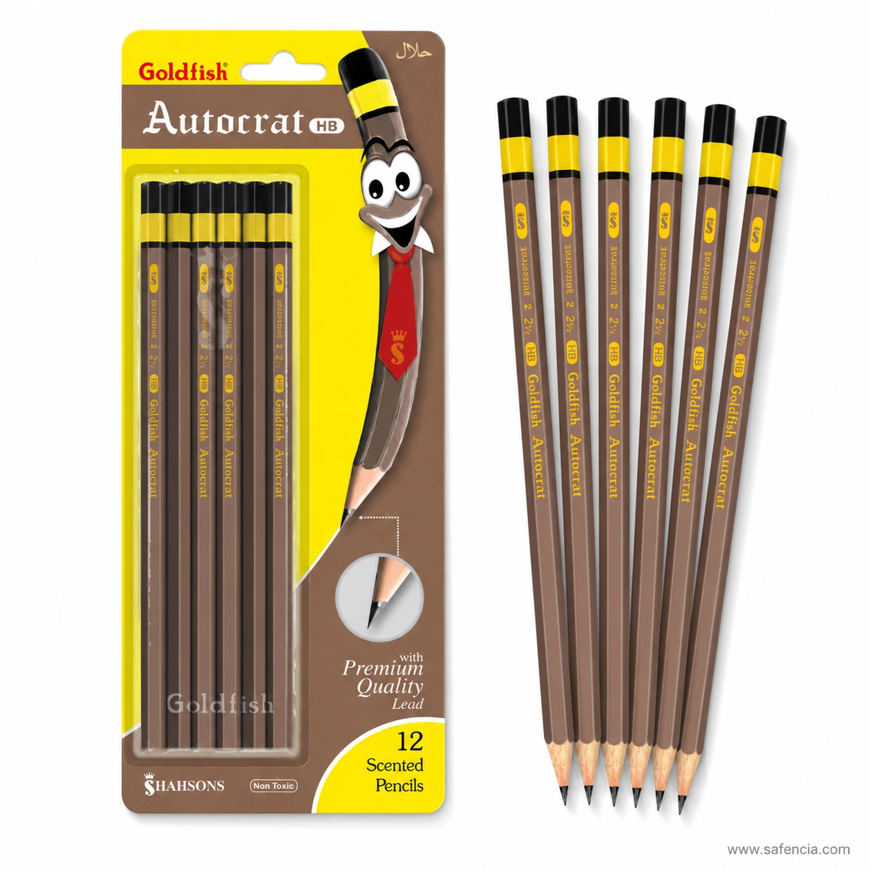 Goldfish Autocrat scented pencil card beside a row of tan barrels showing the gold printing and black dipped ends