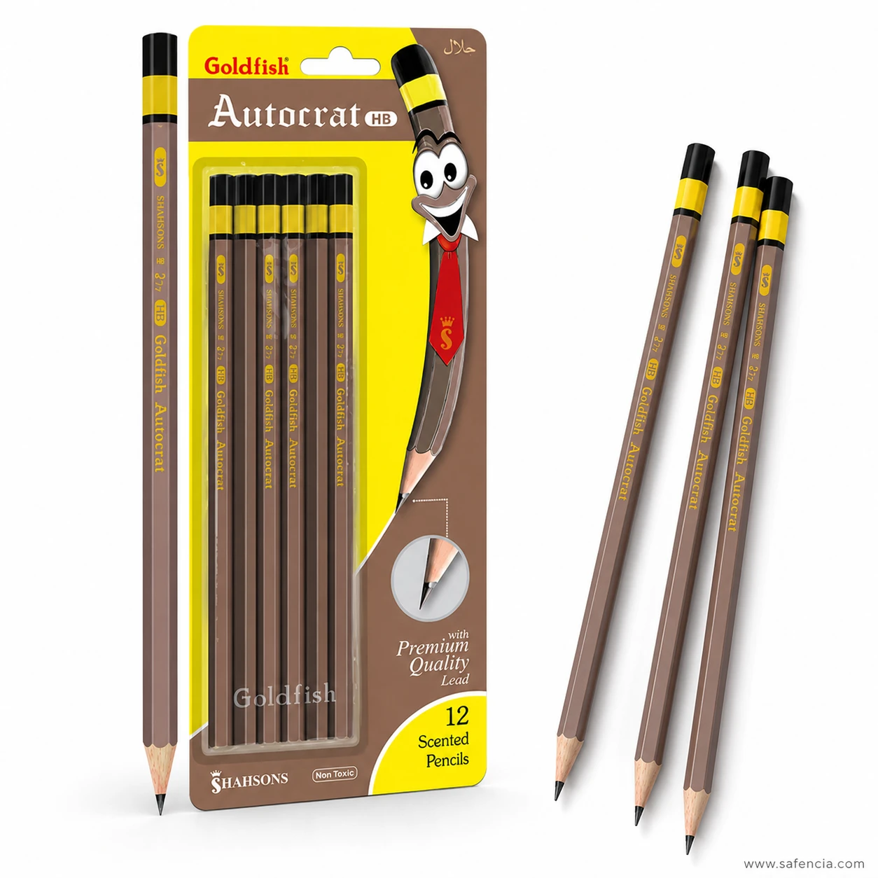 Goldfish Autocrat blister card photographed close showing the 12 scented pencils marking and the Shahsons name at the base