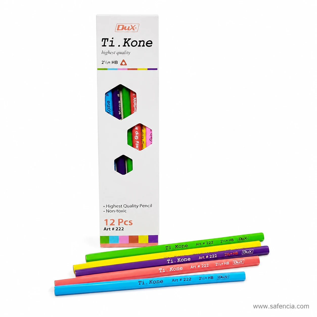 Dux Ti.Kone 222 box front printed with the 2 and a half equals HB grade marking, the 12 Pcs count and the non-toxic line