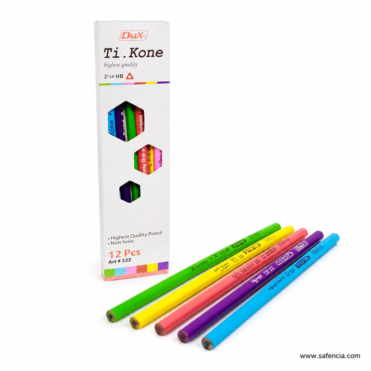 Dux Ti.Kone 222 triangular pencils laid in front of the box showing the flat faces and the printed article number