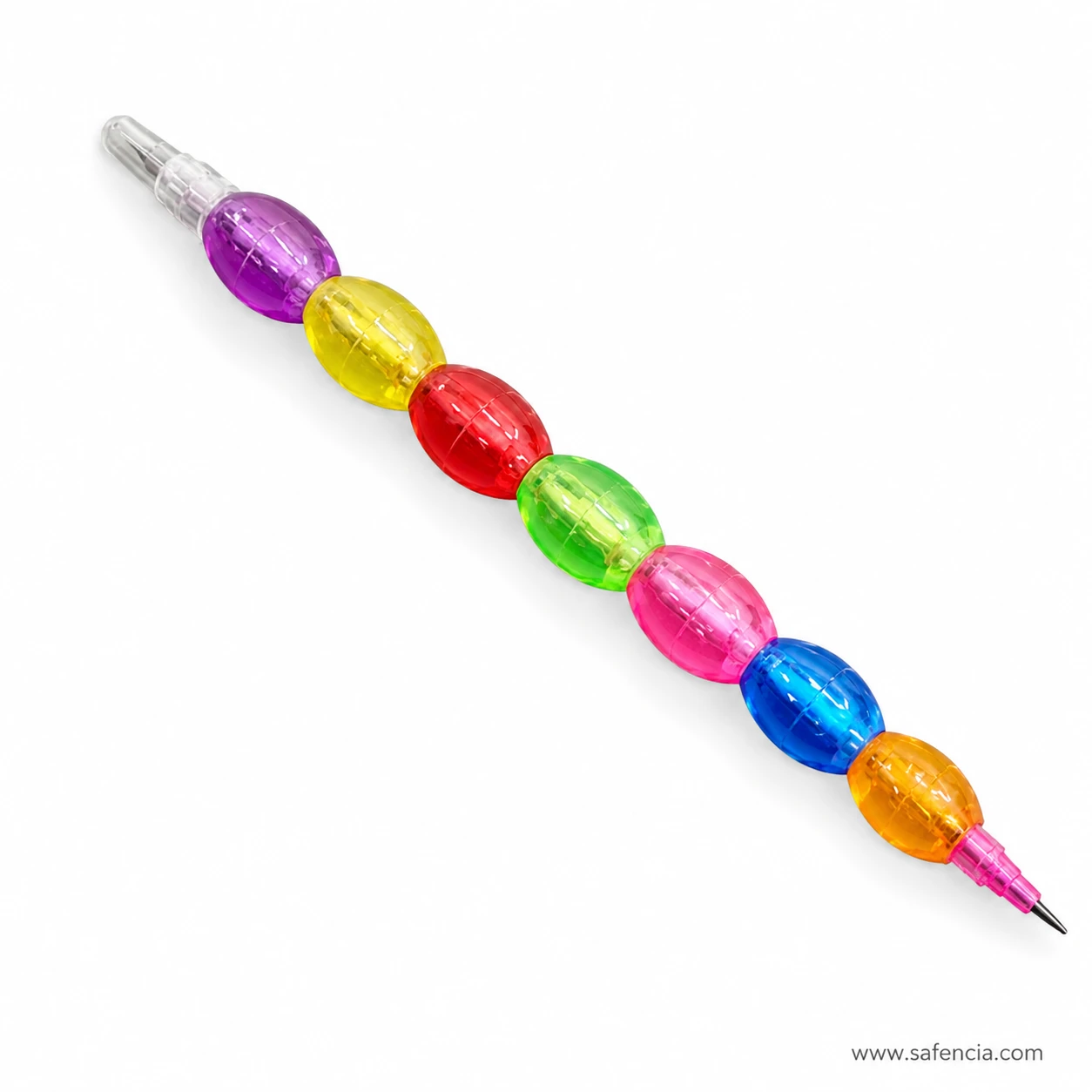 Single multicolour beaded plastic pencil laid diagonally on white showing each bead segment and the sharpened tip at the end