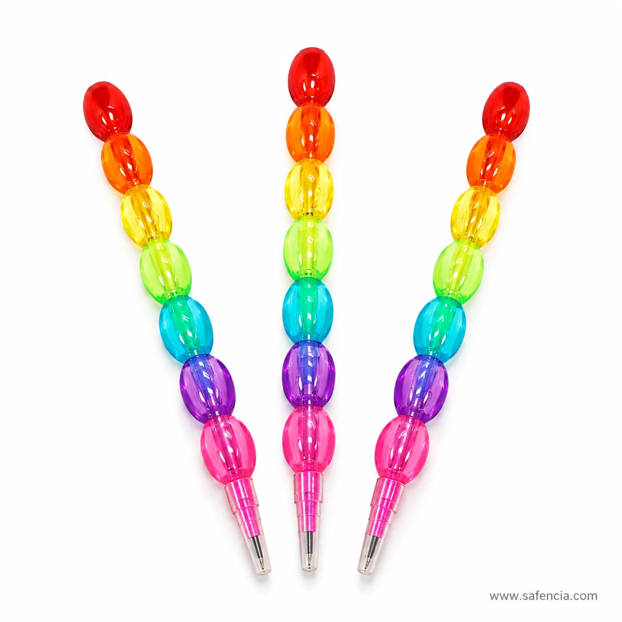 Three multicolour beaded plastic pencils standing in a fan showing how the bead colours differ between pencils