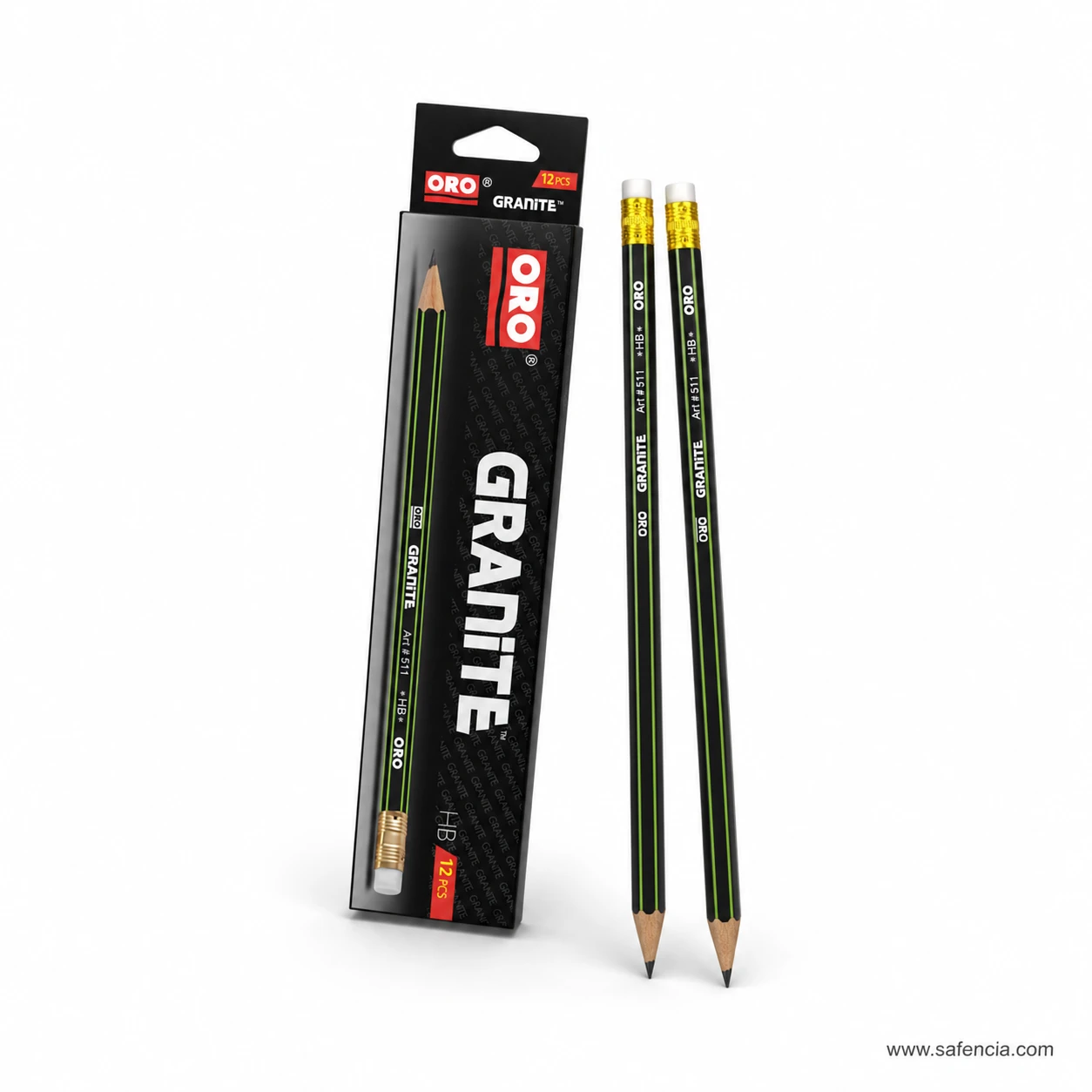 Oro Granite pencil box with two dark pencils standing in front showing the green edge stripe along each barrel
