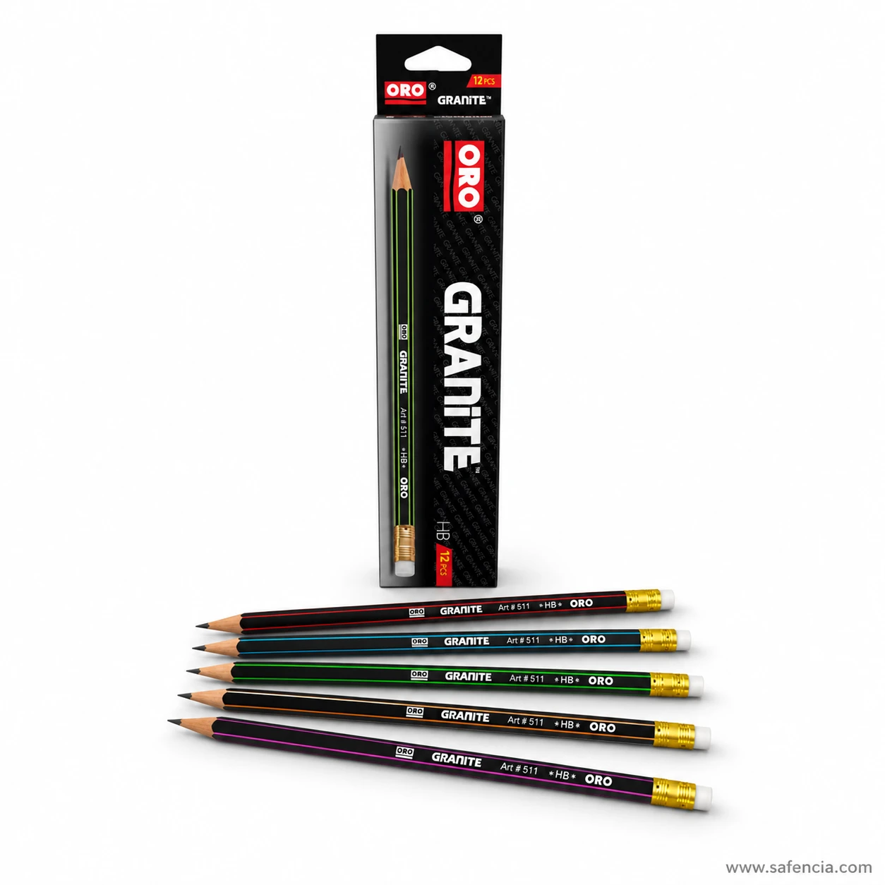 Oro Granite HB pencils stacked in front of the standing box with the sharpened points and gold ferrules in view
