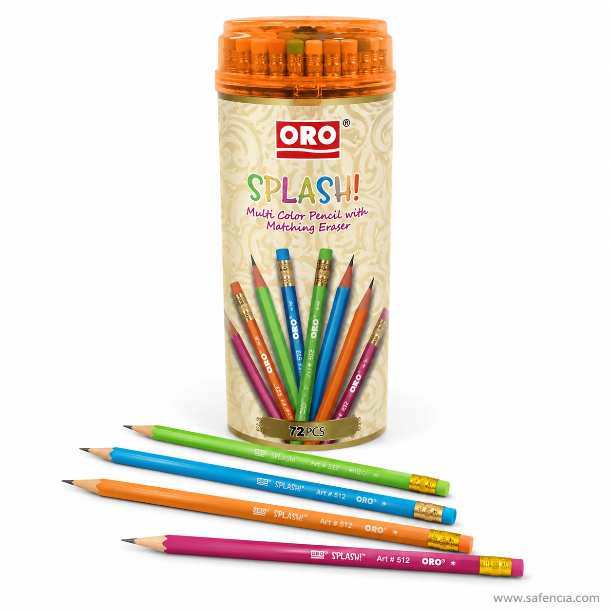 Oro Splash pencil jar photographed close so the printed range name and the 72 PCS marking on the label are readable