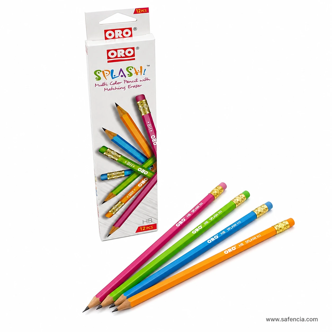 Oro Splash pencil box lying flat with four multi colour banded pencils fanned across it on a white background