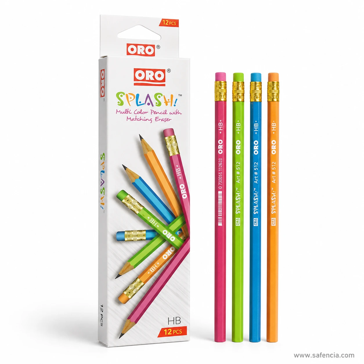 Oro Splash pencil box front printed with the range name, the matching eraser wording, the HB grade and the 12 PCS badge