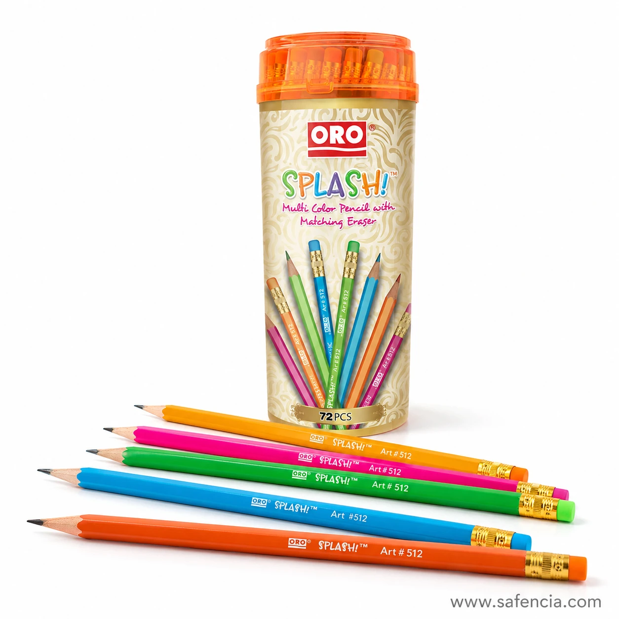 Oro Splash pencil jar standing behind loose banded pencils showing the sharpened points and matching coloured erasers