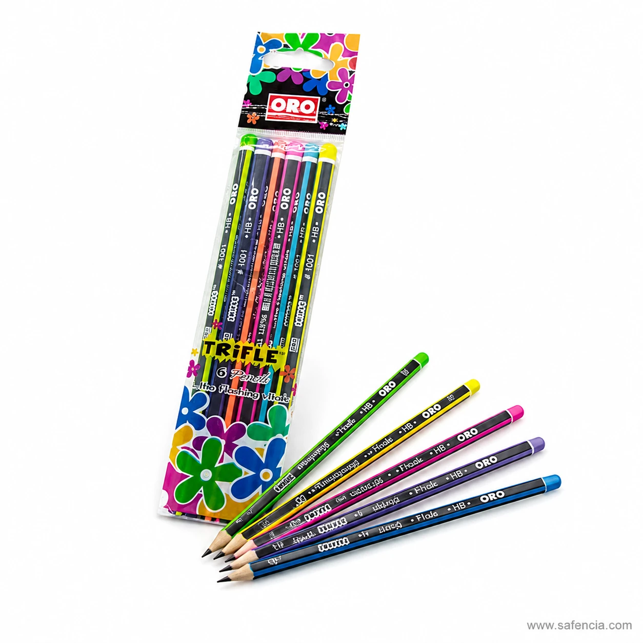 Oro Trifle 1001 pencils laid at an angle beside the floral card showing the sharpened points and the printed HB grade