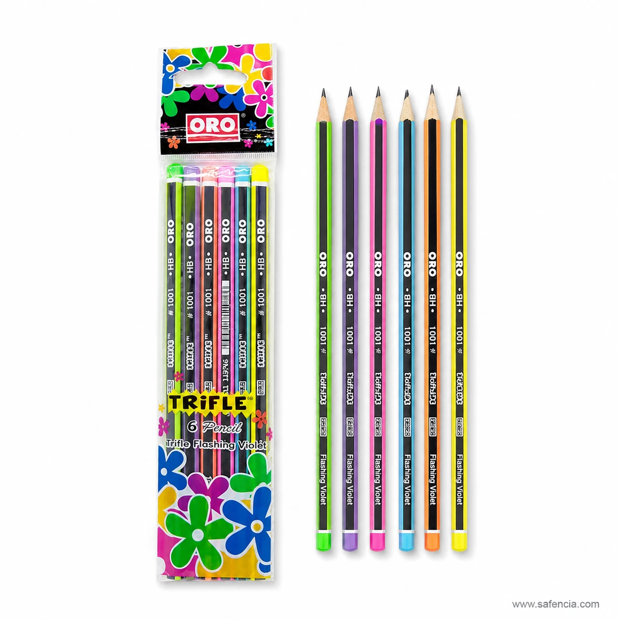 Oro Trifle 1001 pencil card front printed with the range name, the 6 Pencils count and the Ultra Flashing Violet line