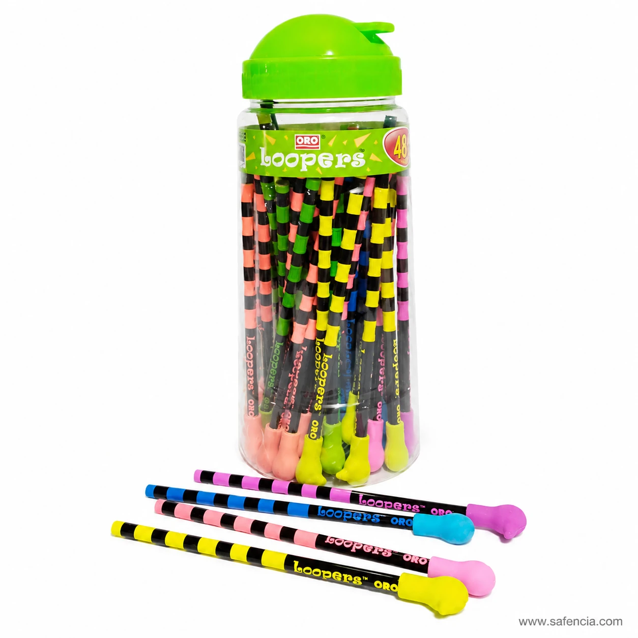 Oro Loopers pencil jar filled with chequered neon pencils standing upright with the rubber tips showing near the lid