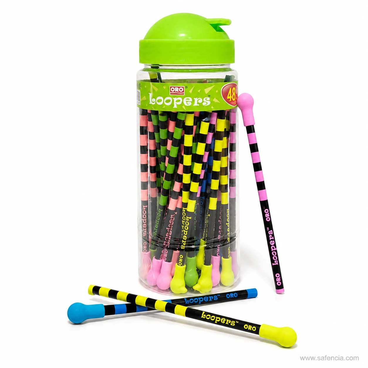 Oro Loopers pencils laid out beside the jar showing the black and neon chequer print and the colour matched rubber ends