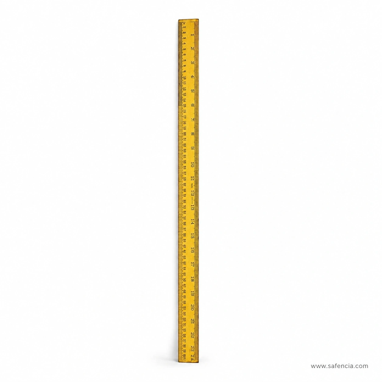 Yellow finish 24 inch wooden measuring ruler photographed diagonally on a clean white surface