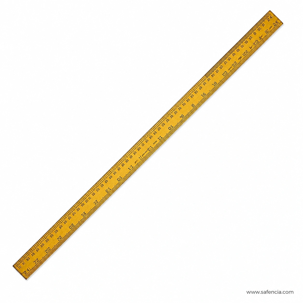Two foot yellow wooden ruler detail with dark inch numbers and fine graduation ticks