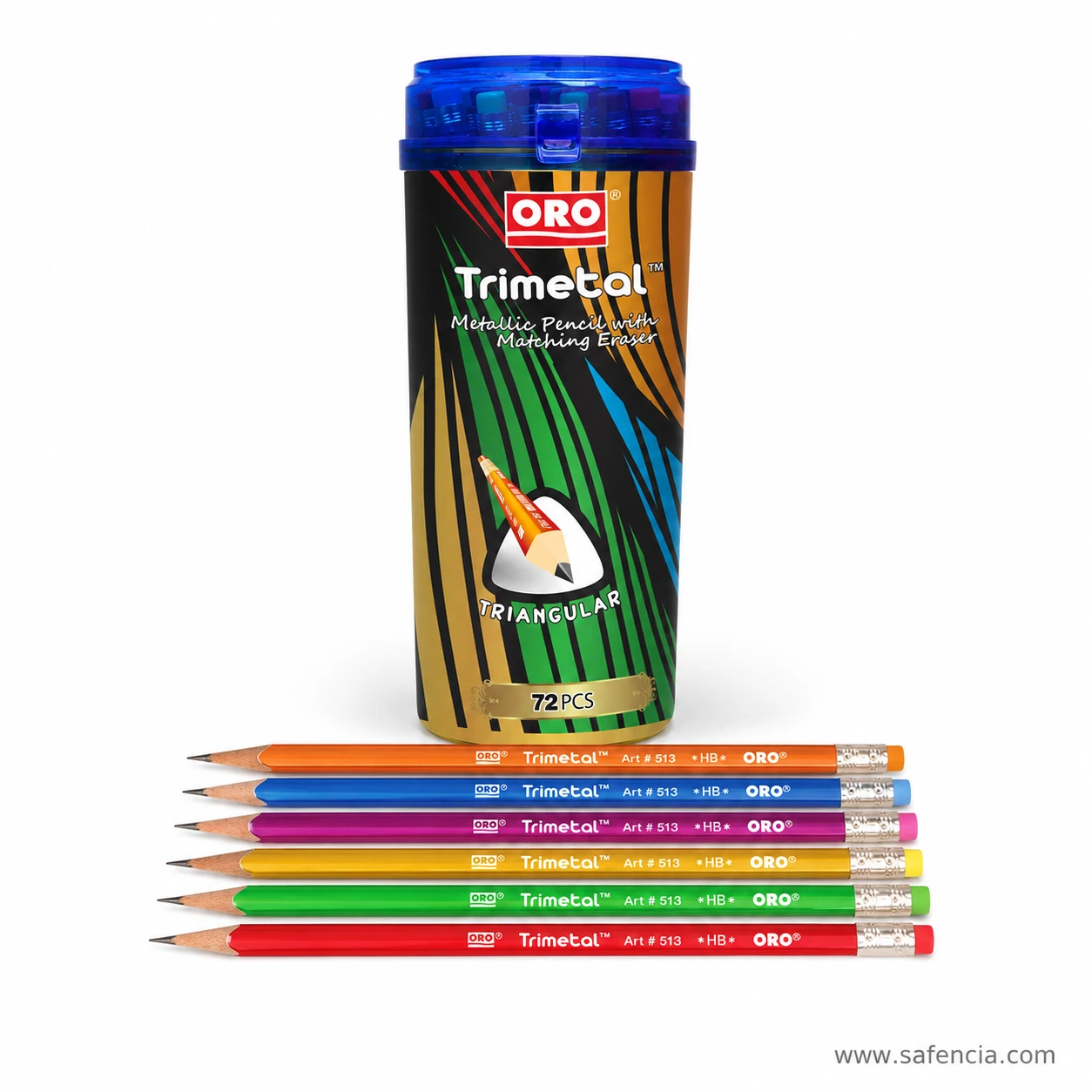 Oro Trimetal pencil jar photographed close so the triangular badge and the 72 PCS marking on the label are readable