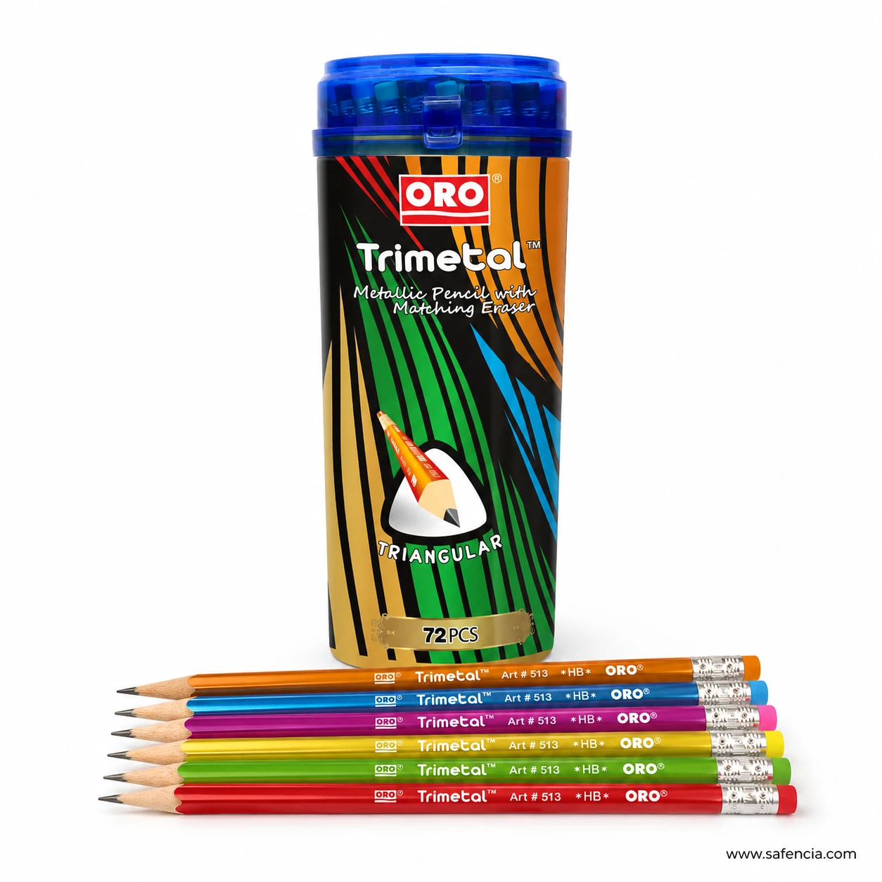 Oro Trimetal pencil jar of 72 with a blue screw lid standing behind a row of metallic triangular pencils