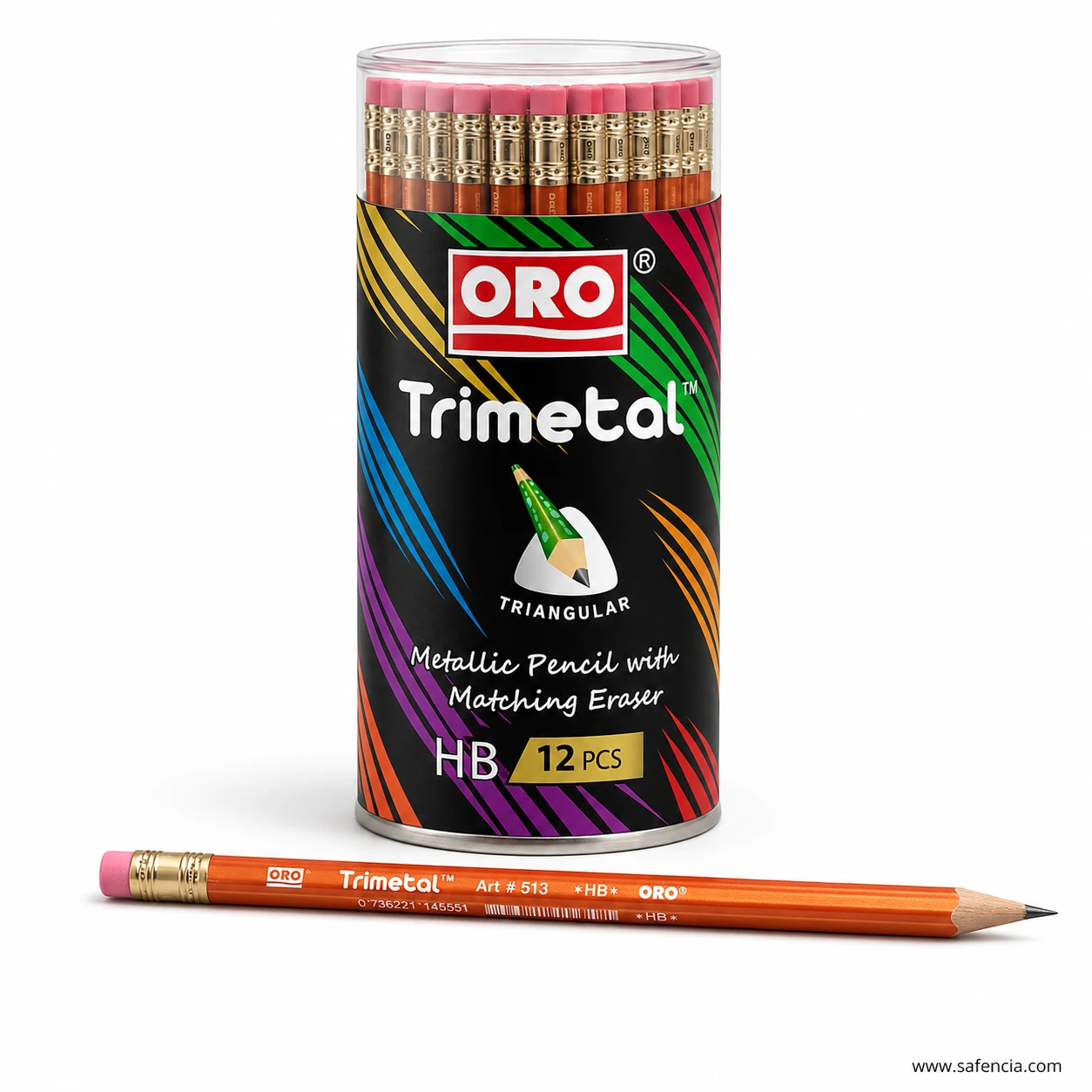 Oro Trimetal pencil tube standing upright with a single orange metallic pencil laid in front showing the printed grade