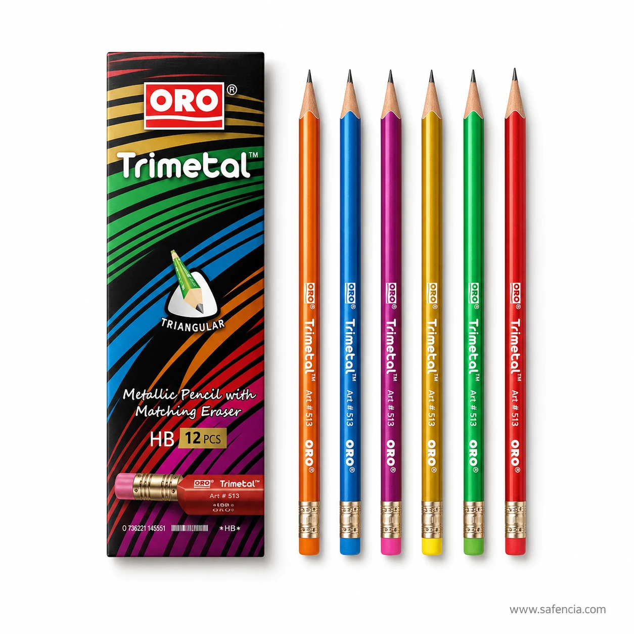 Oro Trimetal pencil box standing upright beside a row of metallic barrels showing the gold ferrules and matched erasers
