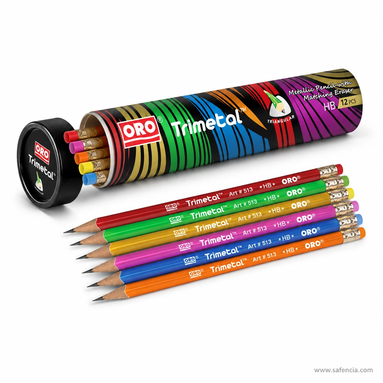 Oro Trimetal pencil tube standing open with metallic triangular pencils fanned out across the white background