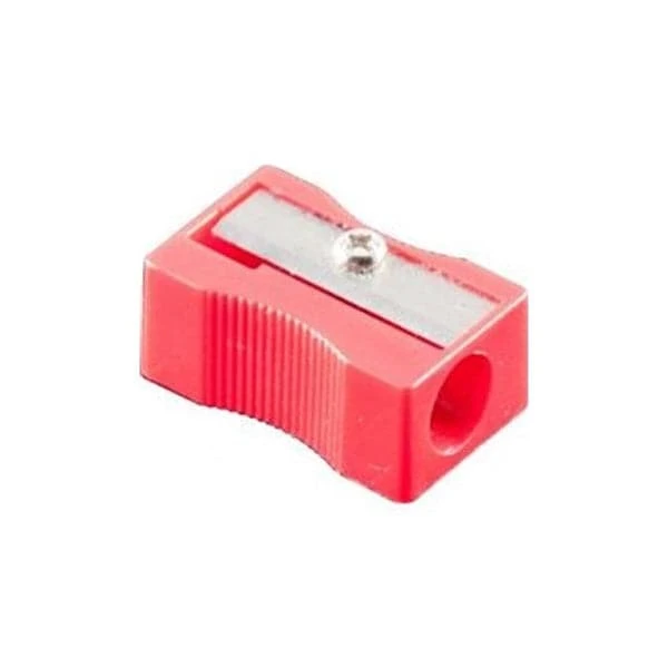 The free red single-hole plastic sharpener included with the Pelikan HB pencils shown close up on white
