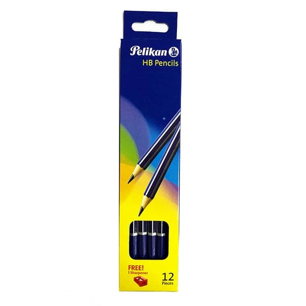 Pelikan HB pencils pack of 12 box front showing the blue pencils, the 12 pieces marking and the free sharpener badge