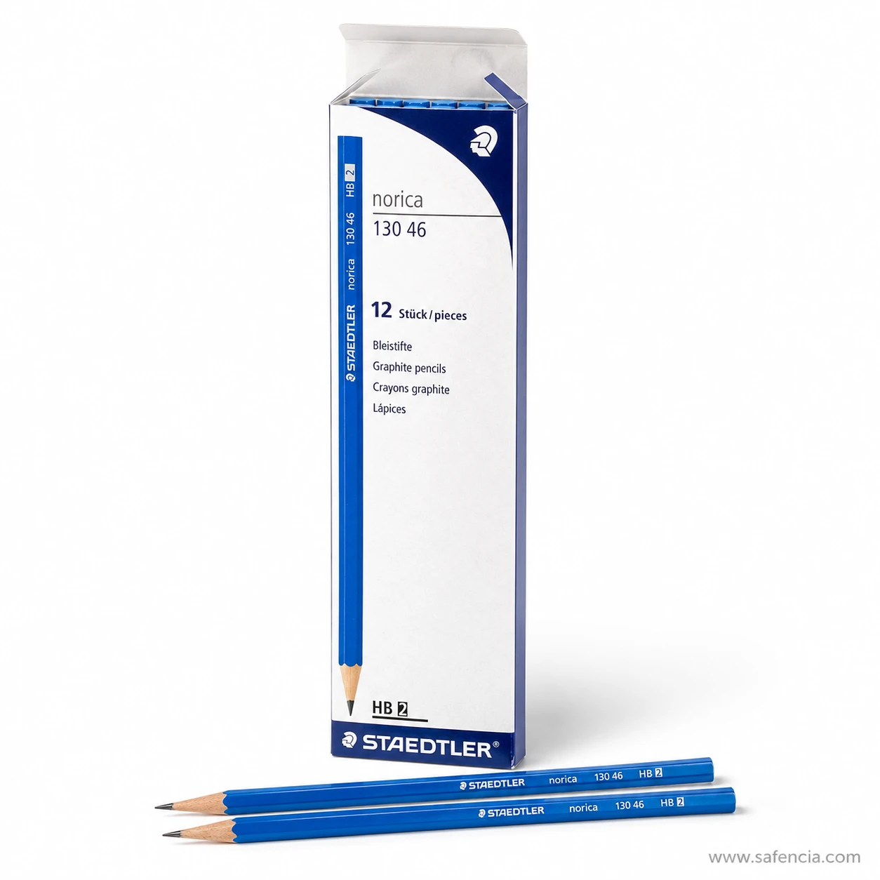 Staedtler Norica pencil box front printed with the 130 46 model reference, the 12 stuck pieces count and the HB grade