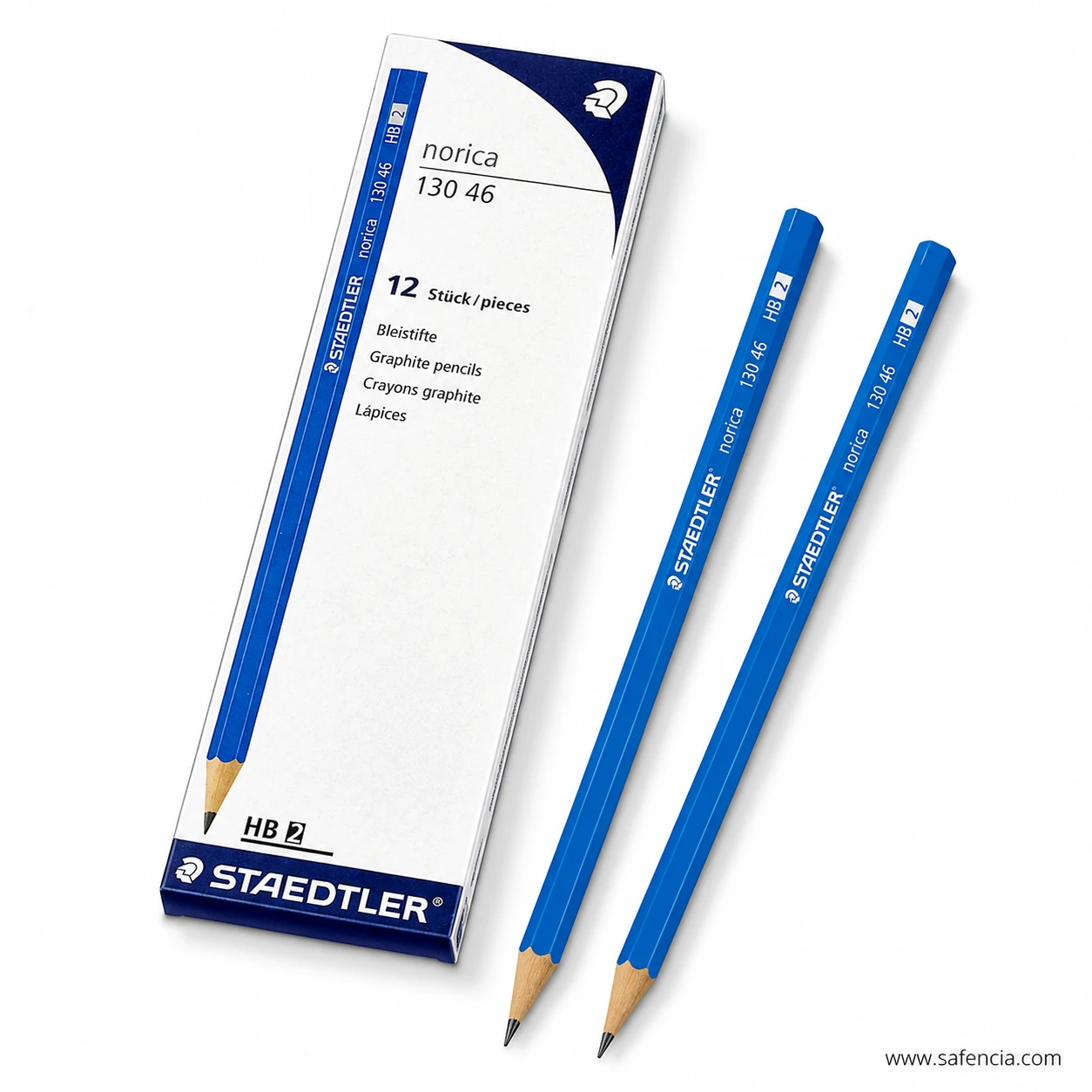 Staedtler Norica HB pencils laid at an angle beside the open box showing the sharpened points and printed branding