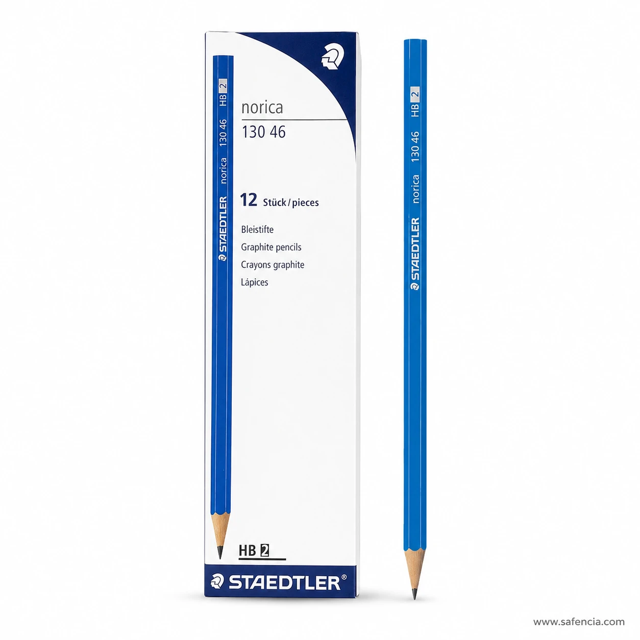 Single Staedtler Norica HB pencil laid beside its box with the blue and white barrel and bare sharpening end in view