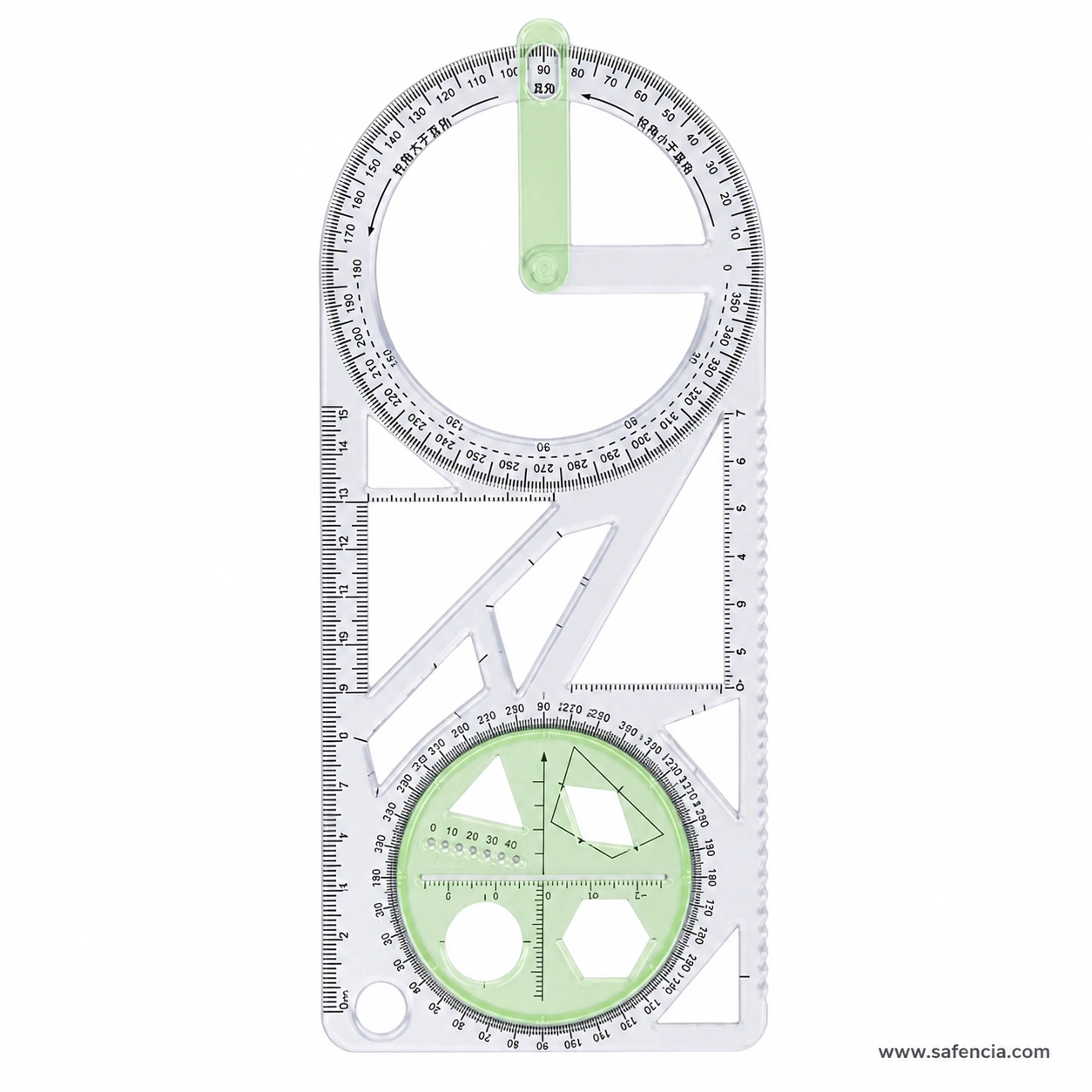 Multifunction plastic ruler and protractor template with adjustable green circular components