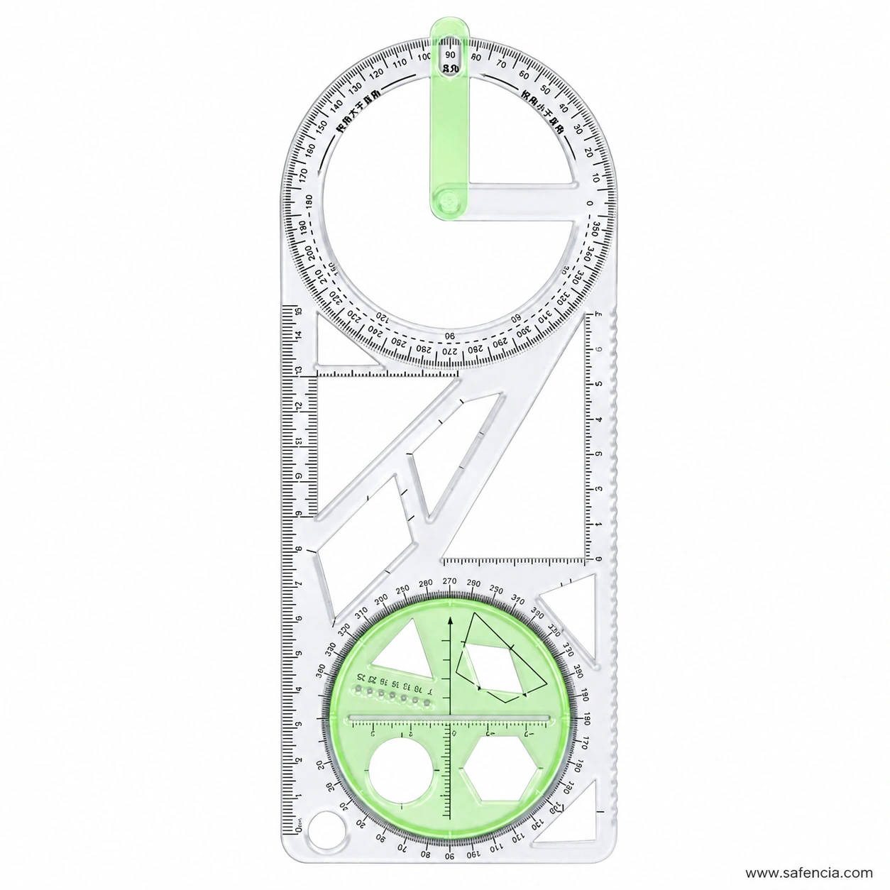 Clear geometric drafting template with circular protractor guides triangle and polygon openings