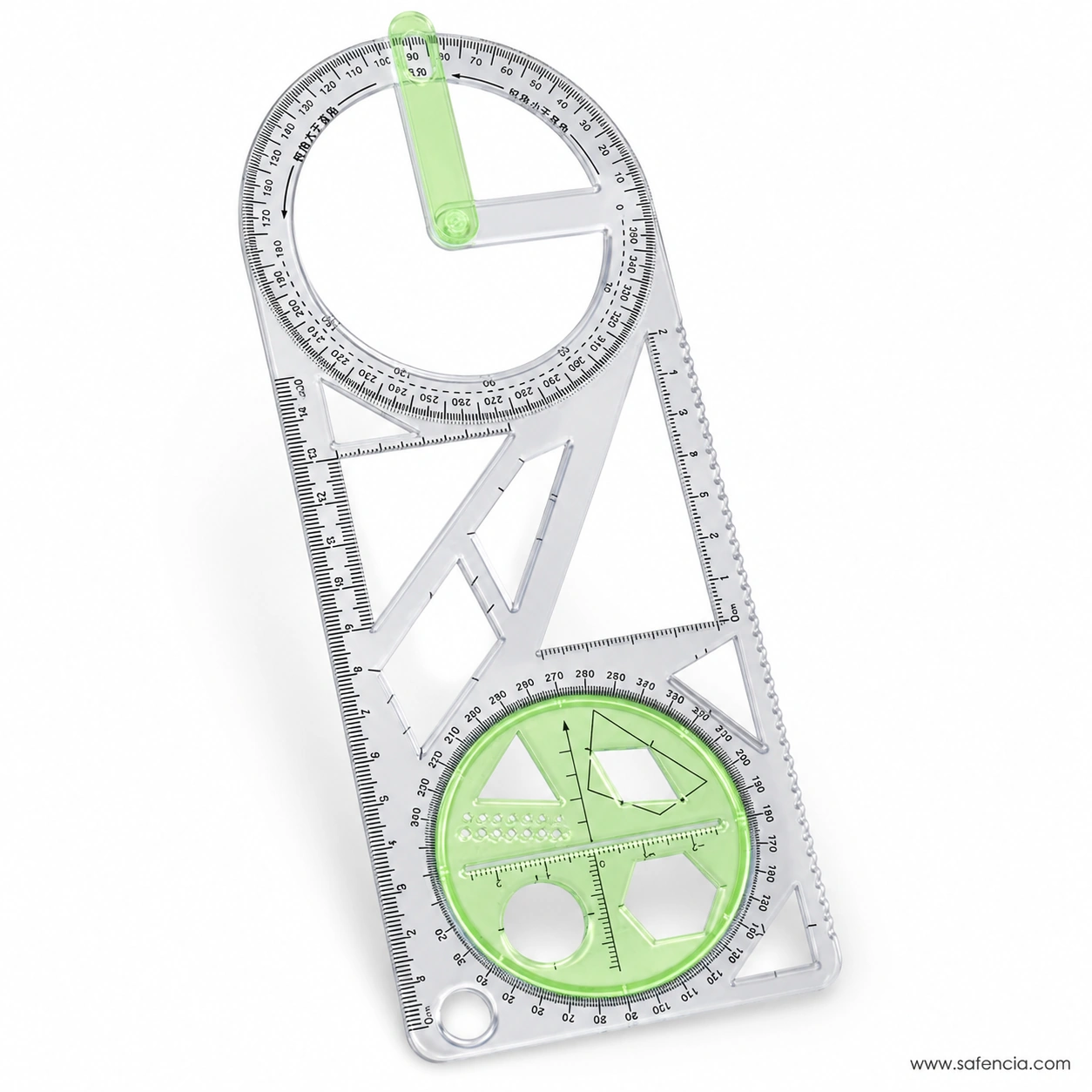 Transparent geometric ruler with green accents and multiple triangle circle and polygon cut-outs