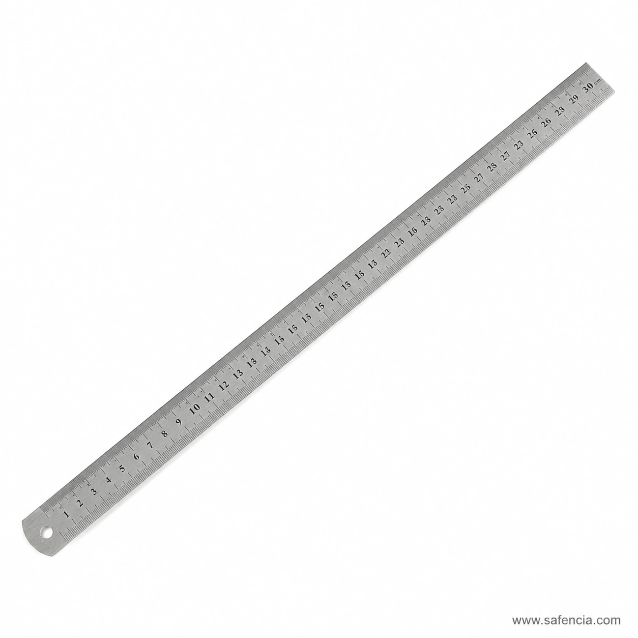 Extra long Foot Steel 40 silver metal ruler photographed diagonally on a clean white background