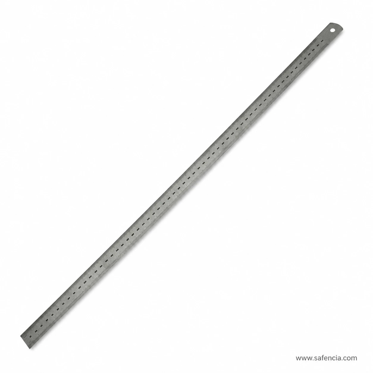 Two foot silver steel straight ruler photographed diagonally with circular hanging hole visible