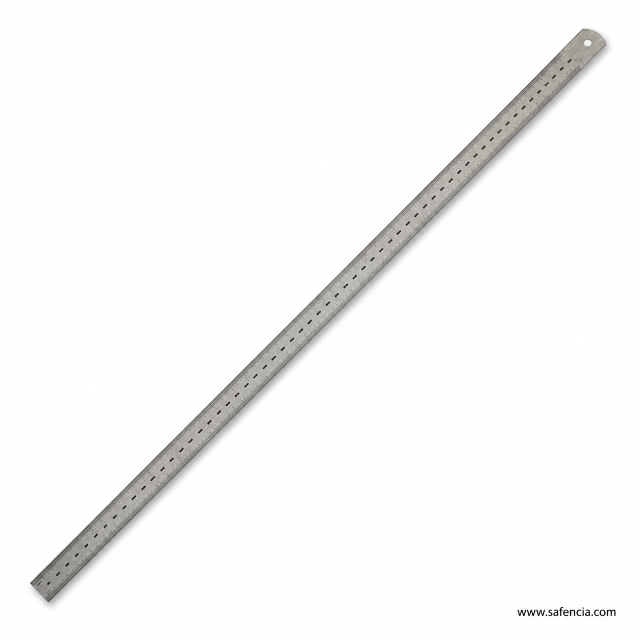 Silver 24 inch Foot Steel ruler detail with graduated edges and repeated dark centre blocks