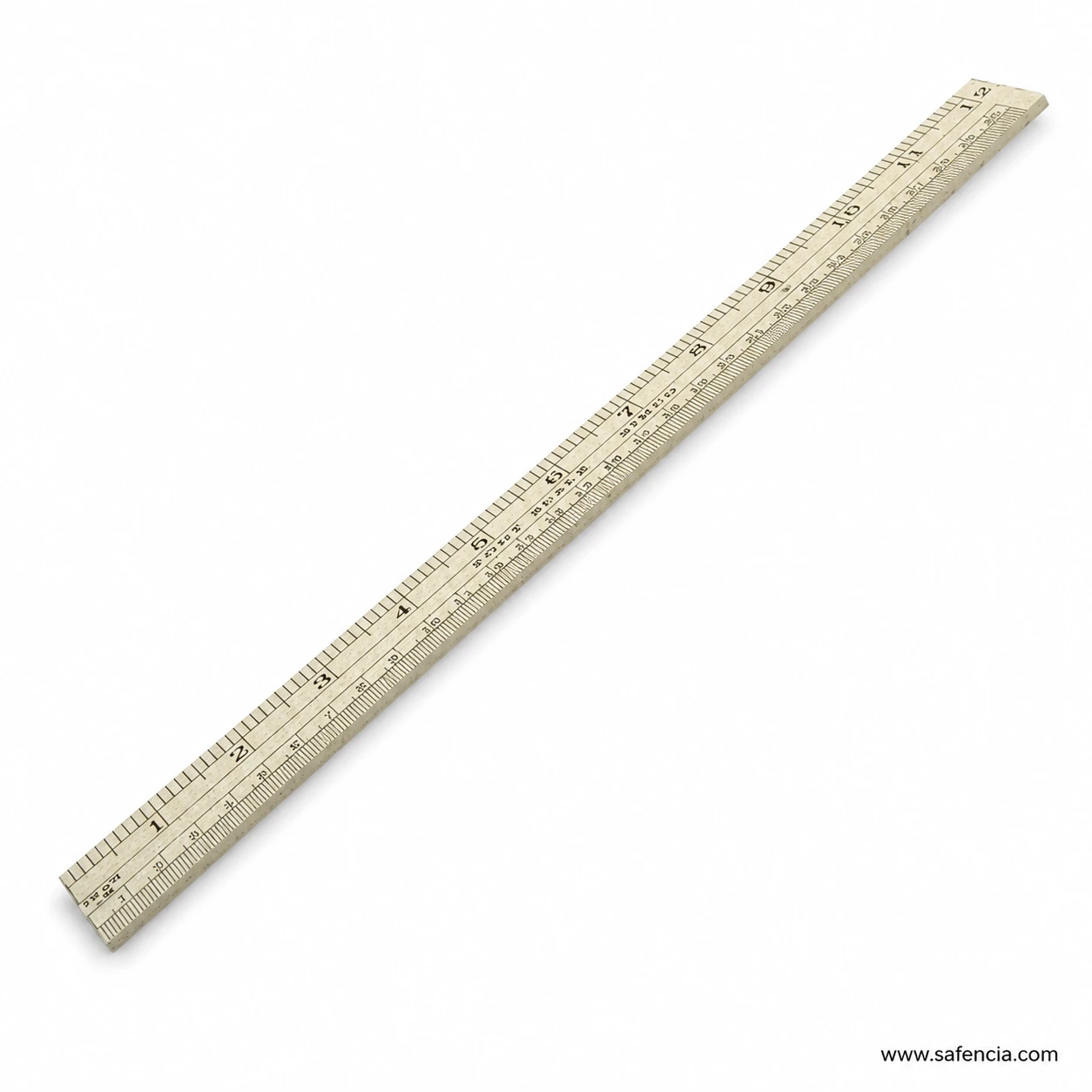 Slim natural colour wooden school ruler photographed diagonally with one-foot scale visible