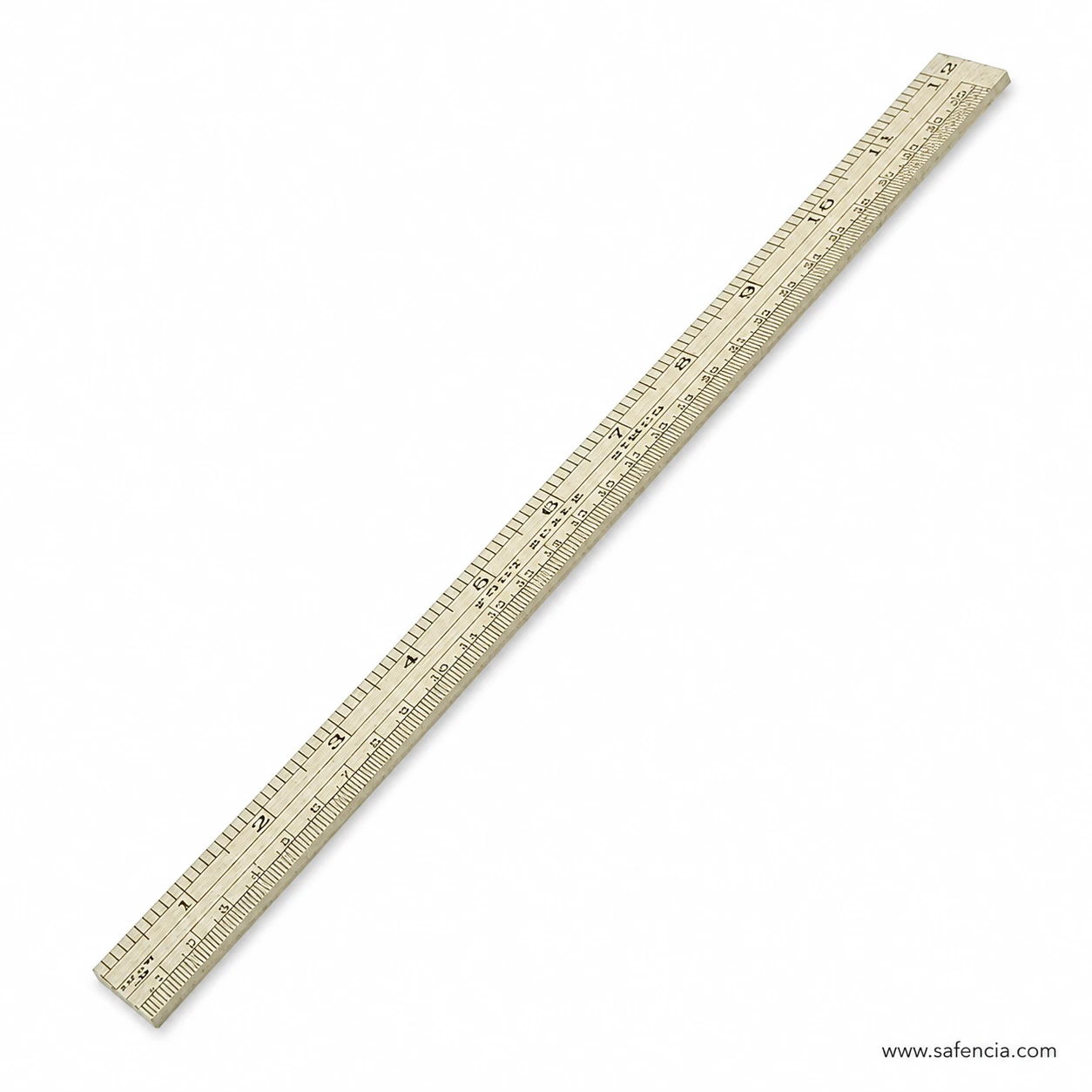Light wooden 12 inch thin ruler detail with dark numbered measuring edges on white background