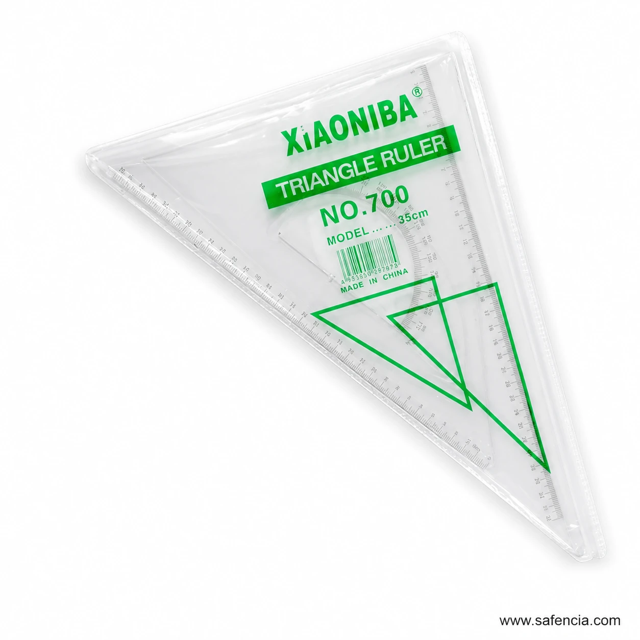 Angled view of clear Xiaoniba No.700 triangle rulers with graduated edges inside transparent sleeve