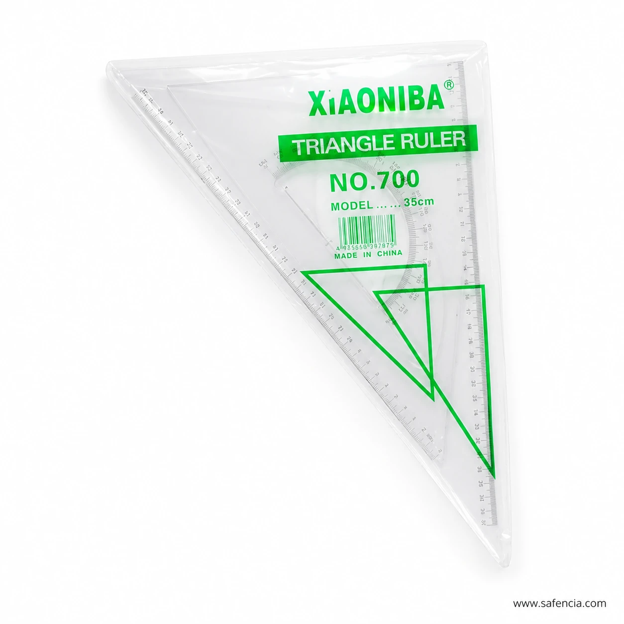 Transparent 35cm Xiaoniba triangle ruler showing numbered graduation marks along multiple straight edges