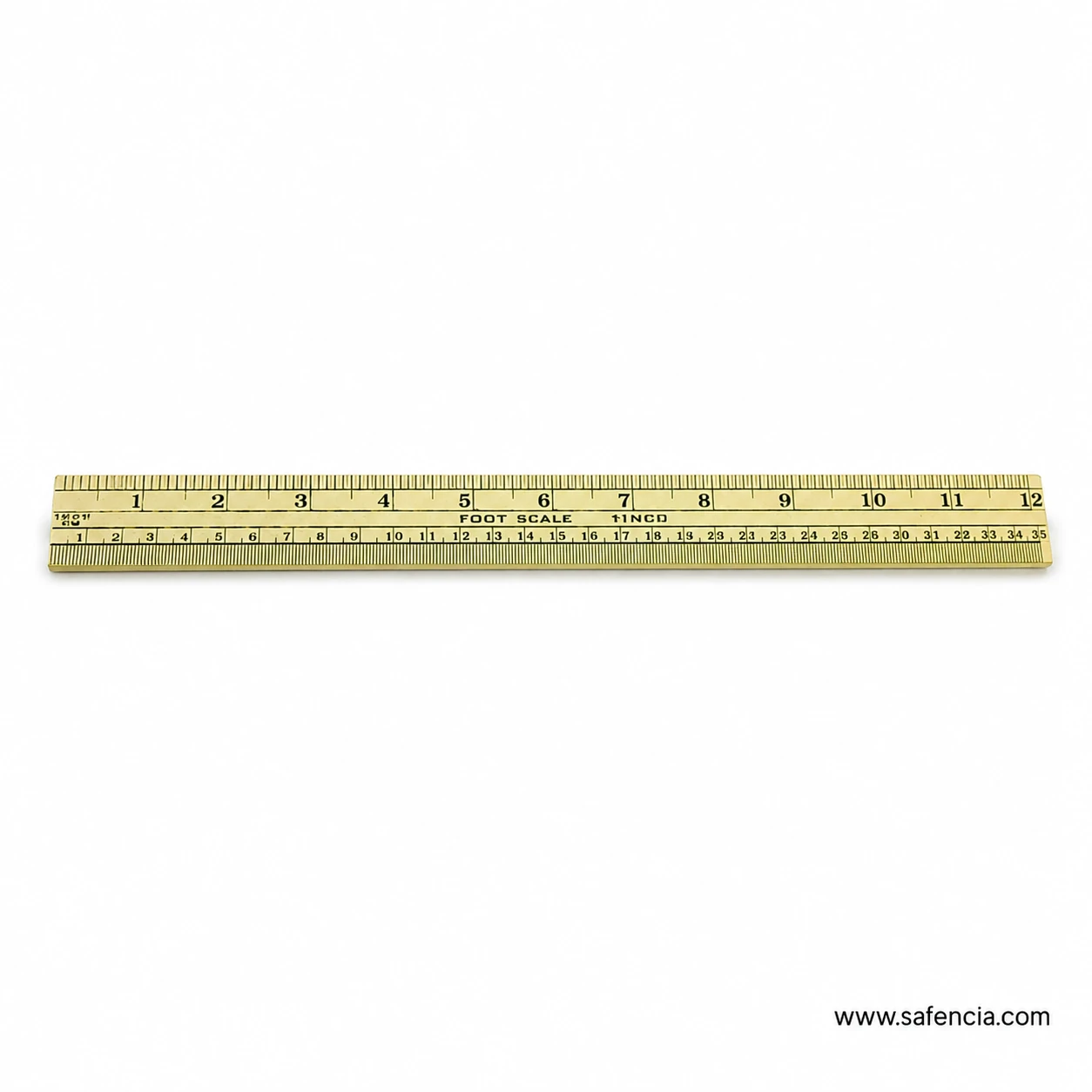 Straight front view of gold-tone premium wooden ruler numbered from one to twelve inches