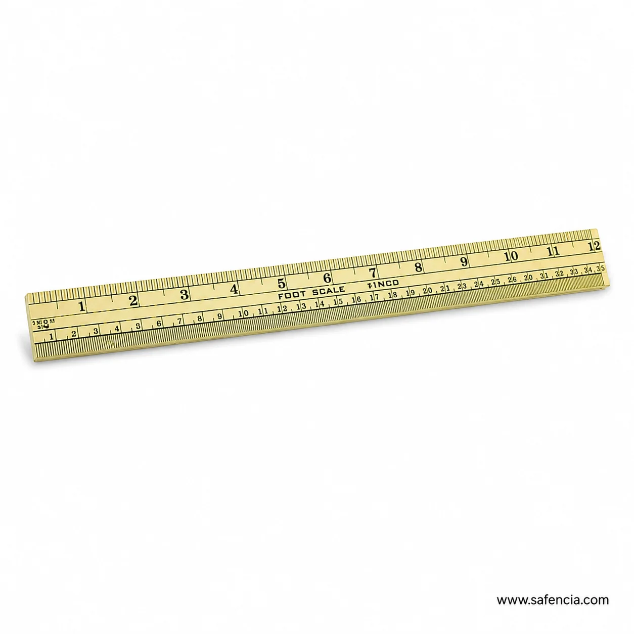 Gold-tone 12 inch wooden ruler showing bold black numbers and closely spaced graduation ticks