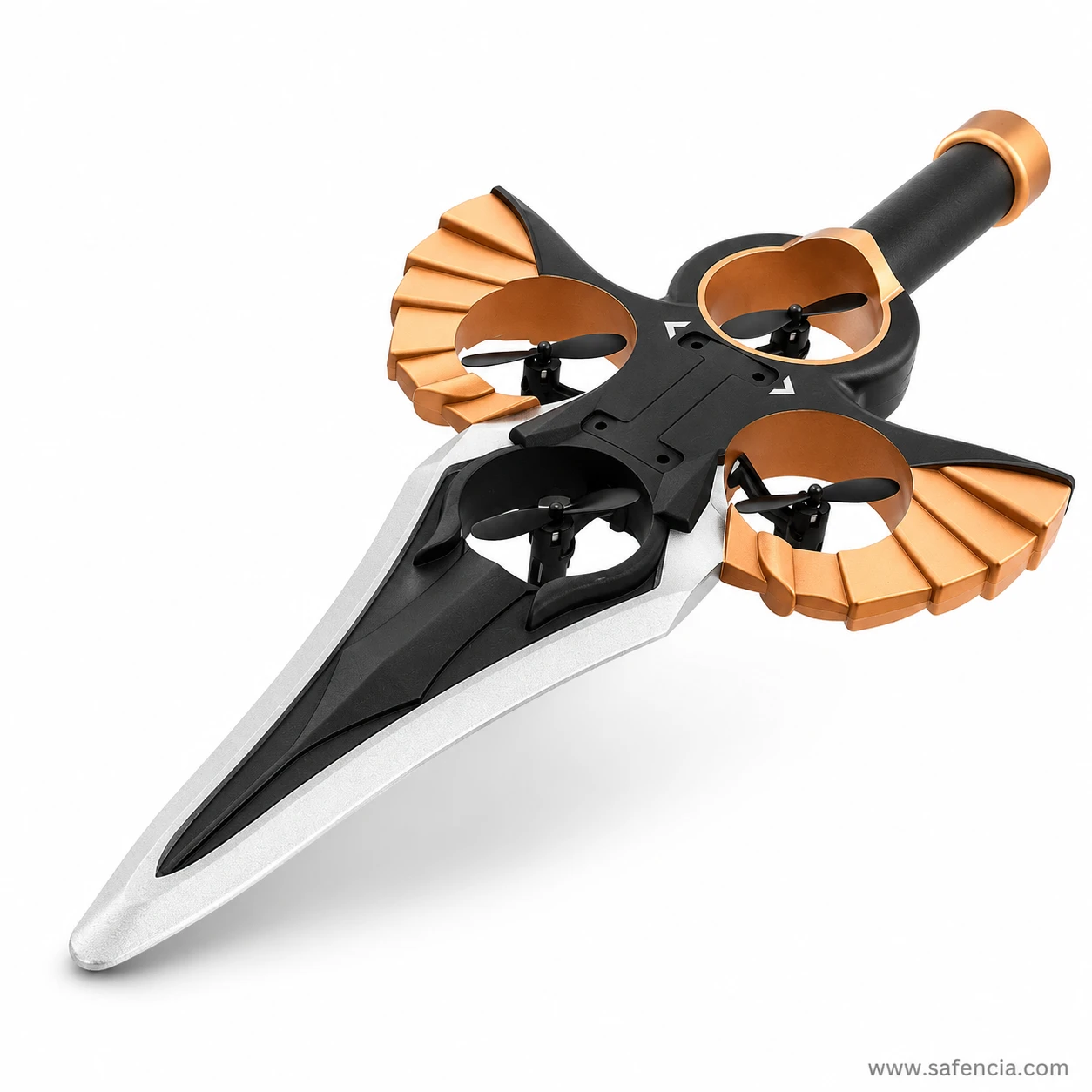 Copper crossguard rings of the RC Sword Flying Aircraft holding the four ducted propellers