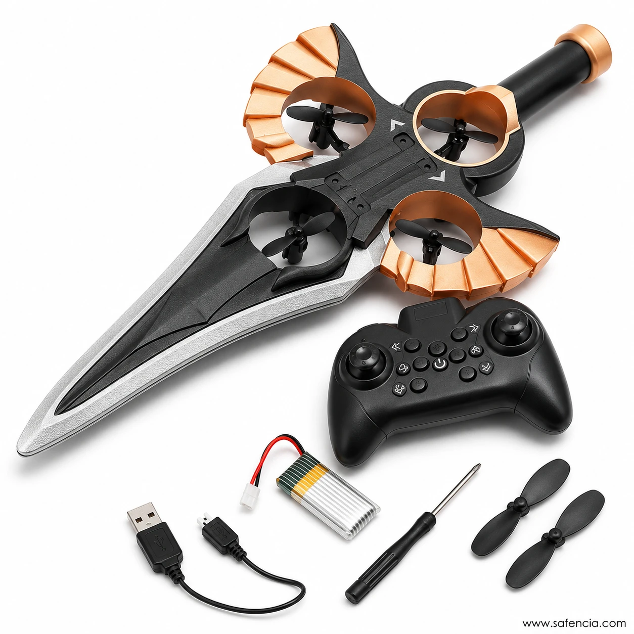 RC Sword Flying Aircraft kit with controller, lithium battery, USB lead, screwdriver and spare blades