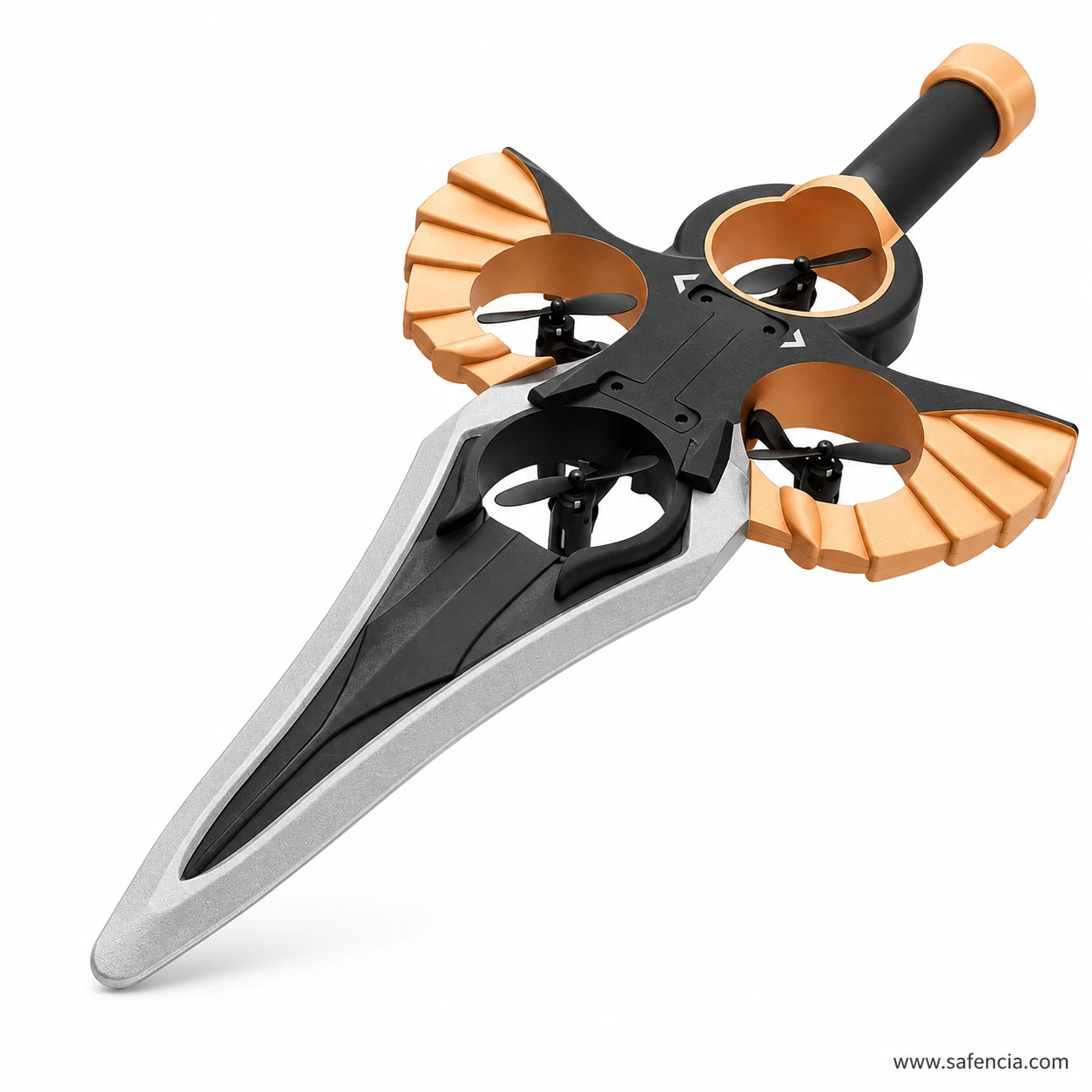 Overhead view of the RC Sword Flying Aircraft showing all four rotors and the full blade length