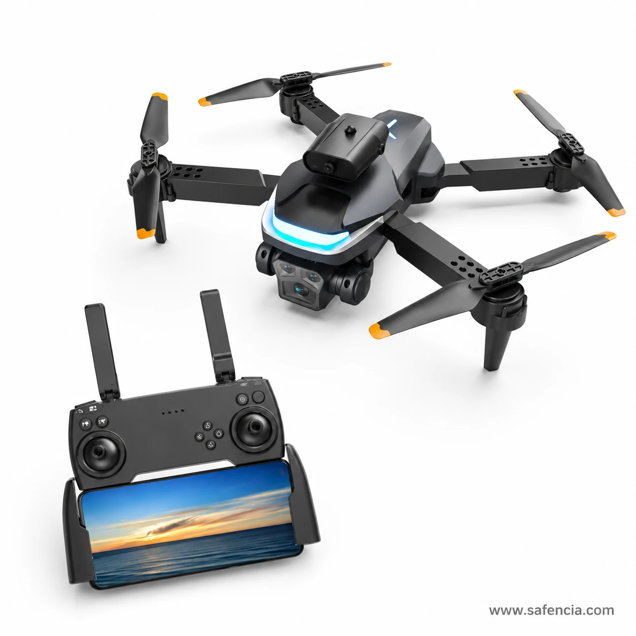 Flight-ready P23 Pro camera drone standing on its legs beside the 2.4GHz controller