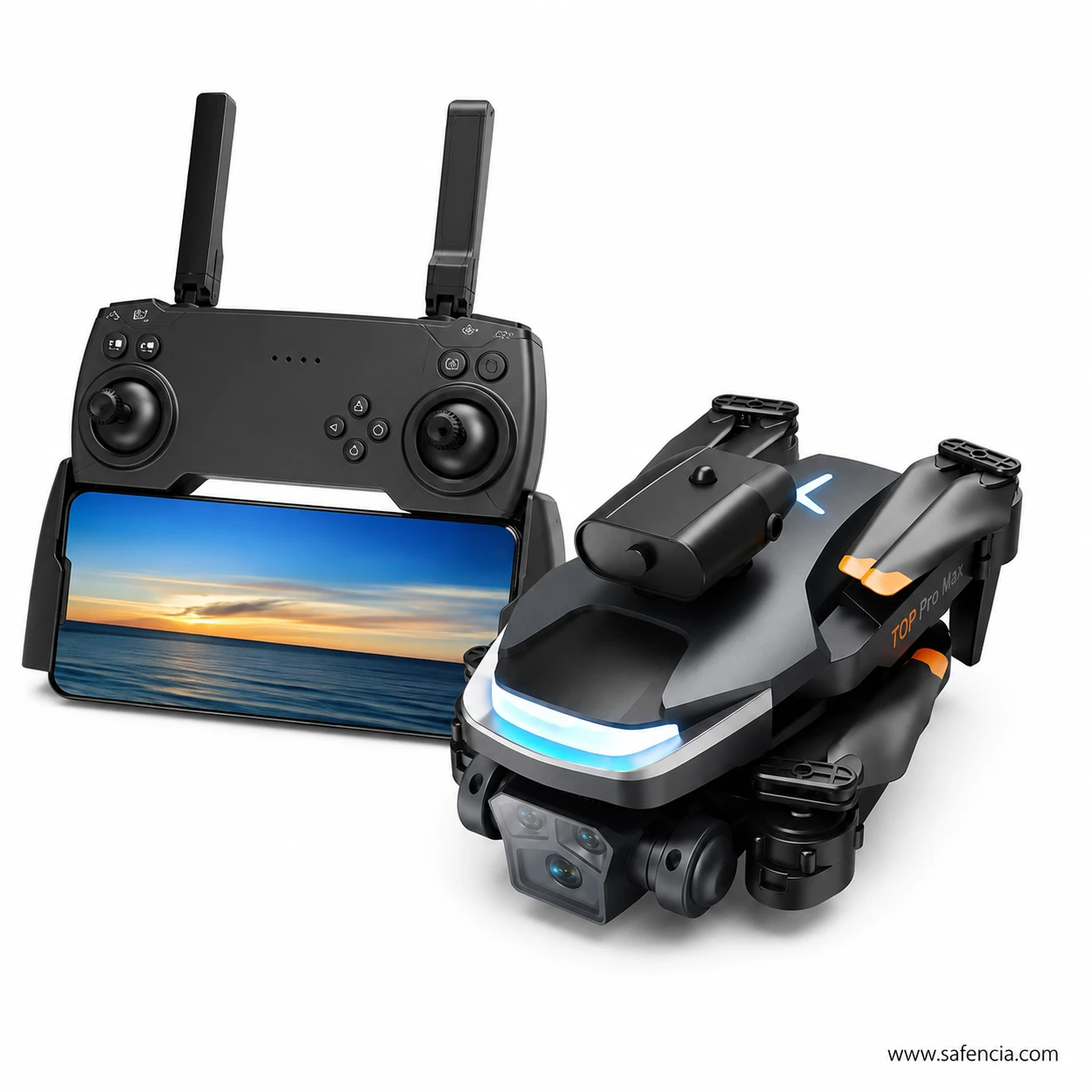 P23 Pro camera drone with arms folded beside the remote holding a phone in its cradle