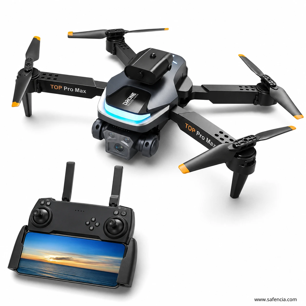 P23 Pro HD camera drone with arms extended and the front LED light bar glowing blue