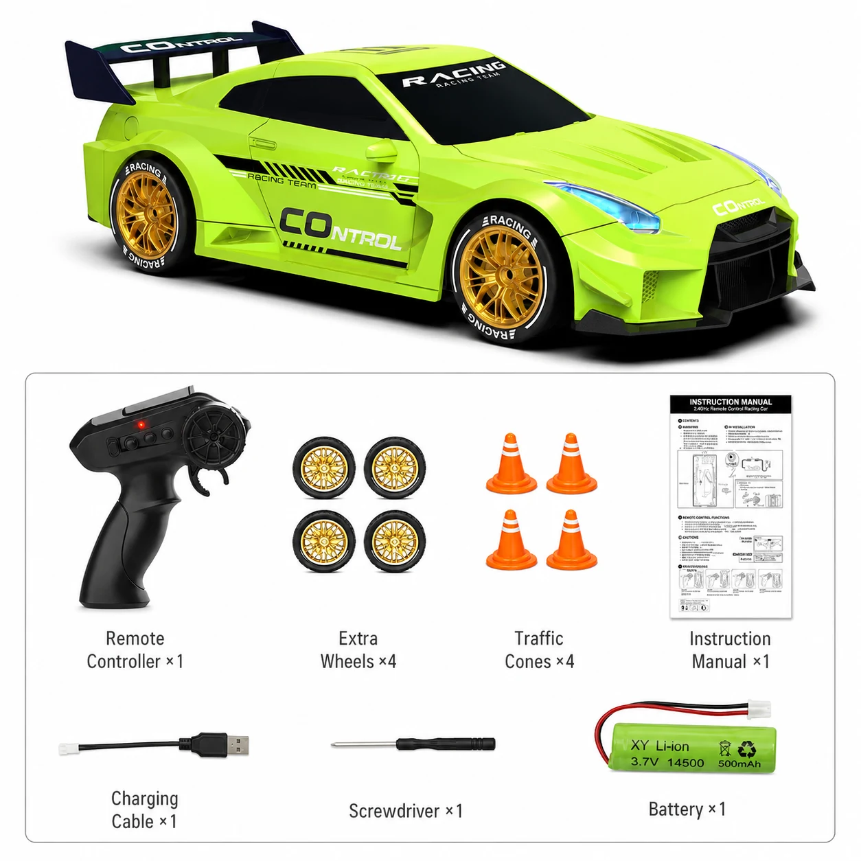 Neon green RC racing car set with remote, cones, tires and battery details