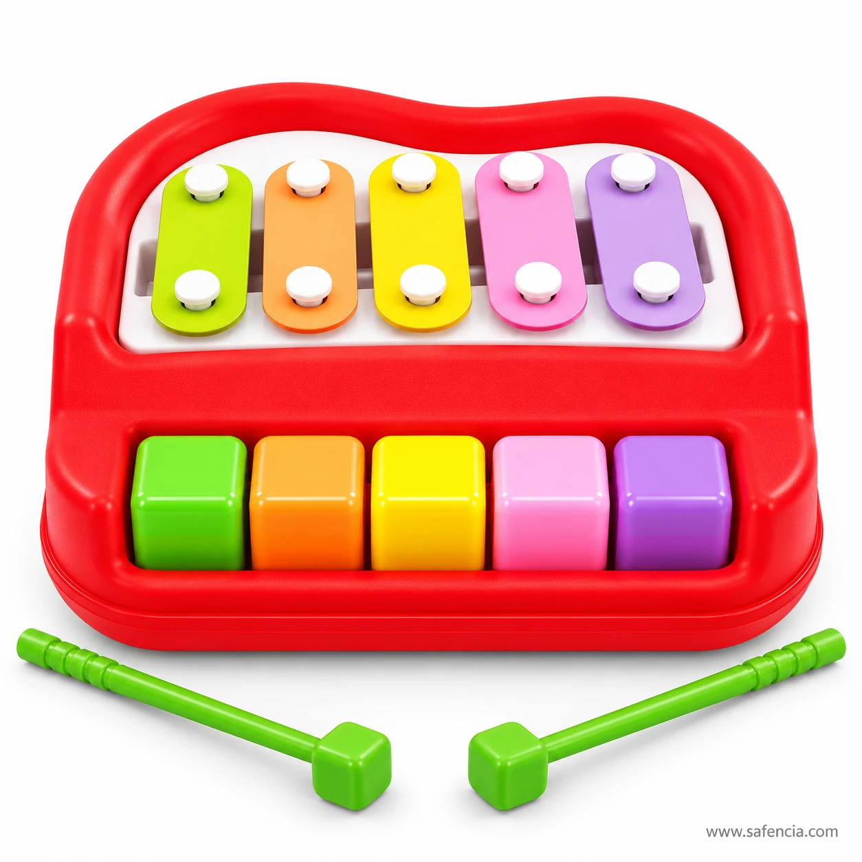 Front view of the red baby piano xylophone showing the five keys and five bars with two mallets below