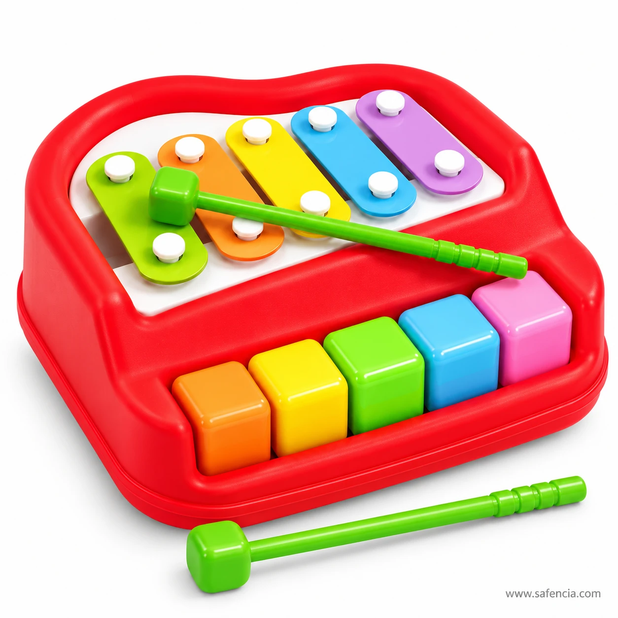 Green mallet resting on the coloured xylophone bars of the red baby piano toy, second mallet in front